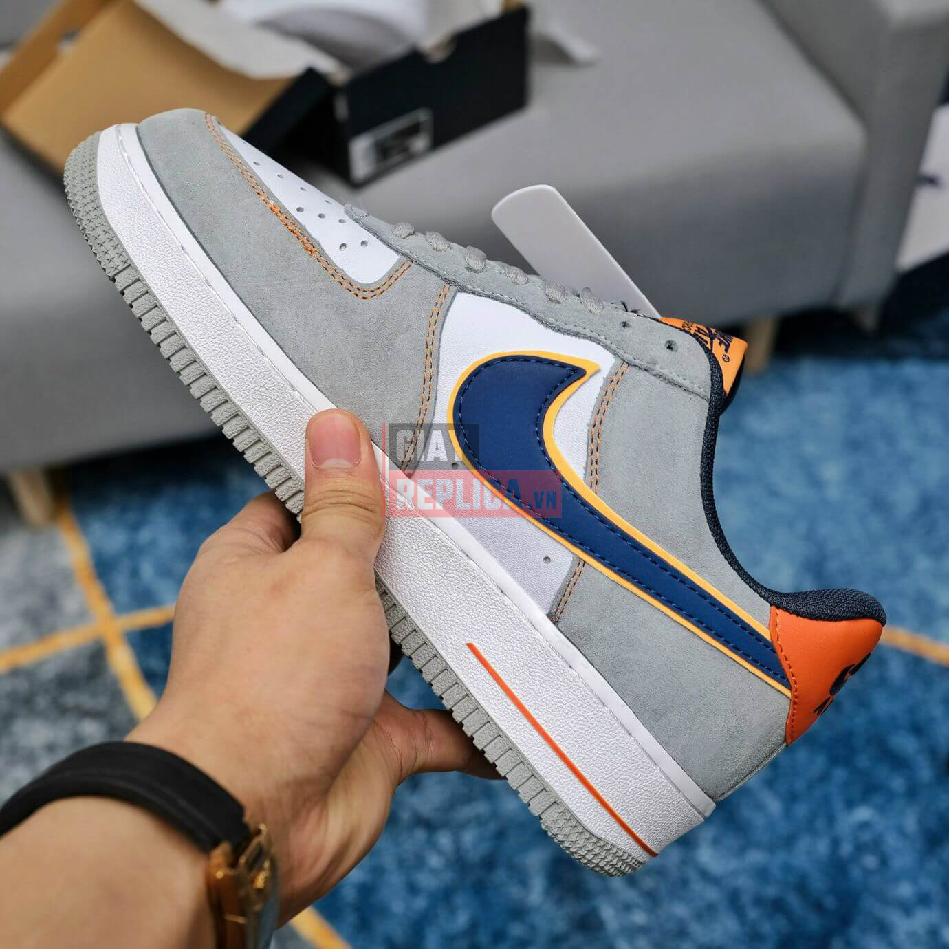 Giày Nike Air Force 1 Cool Grey Xám Gót Cam Like Auth